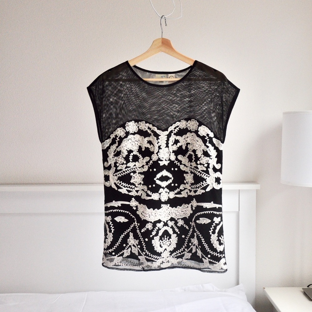 Anthropologie Odille Mesh Embroidered Top